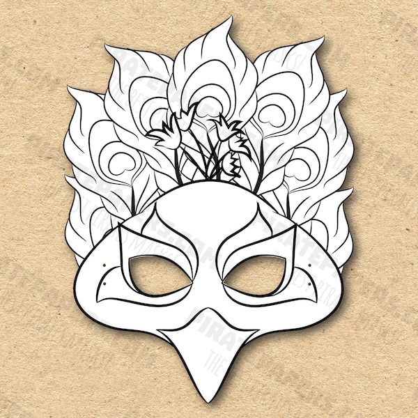 Peacock Mask Printable Coloring, Paper DIY For Kids And Adults. PDF Template. Instant Download. For Birthdays, Halloween, Party, Costumes.