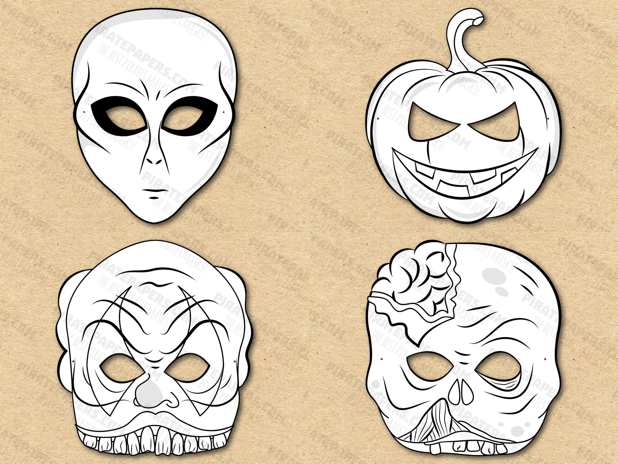 Halloween Masks Printable Coloring, Pumpkin, Scary Clown, Zombie, Alien. Paper DIY Kids Adults PDF Template Download. Halloween, Birthdays. - Etsy for Cut Out Free Printable Halloween Masks