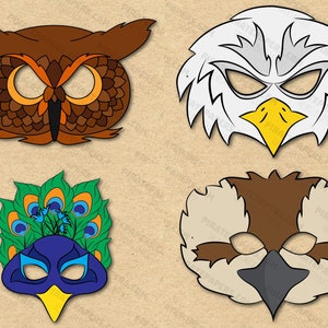 Vogel Masken Printable, Eule, Pfau, Adler, Kookaburra, Papier DIY für Kinder und Erwachsene. PDF Vorlage. Sofort Download. Halloween, Geburtstage.