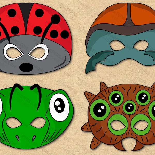 Bugs And Insects 2 Masks Printable, Ladybird, Beetle, Grasshopper, Spider, Paper DIY Kids Adults Template Download. Halloween, Birthdays.