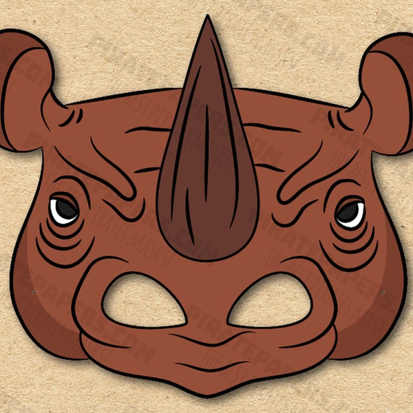 Máscara de rinoceronte imprimible, bricolaje de papel para niños y adultos. Plantilla PDF. Descarga instantánea. Para cumpleaños, Halloween, fiestas, disfraces.