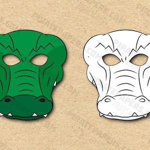 Máscaras de crocodilo para impressão em cores + coloração, papel DIY para crianças e adultos. Modelo PDF. Download instantâneo. Aniversários, Halloween, fantasias.