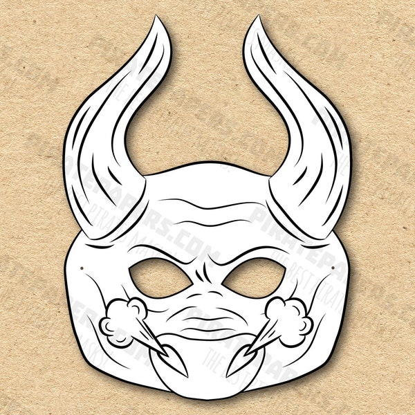 Minotaur Mask Printable Coloring, Paper DIY For Kids And Adults. PDF Template. Instant Download. For Birthdays, Halloween, Party, Costumes.