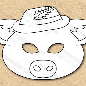 Maschera maiale n. 2 da colorare stampabile (i tre porcellini), carta fai da te per bambini e adulti. Modello PDF. Download istantaneo. Compleanni, Halloween.