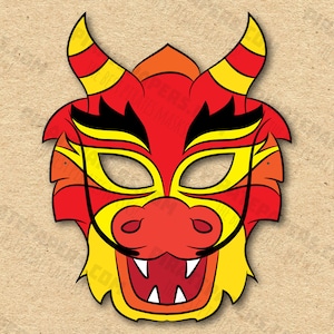 Maschera del drago cinese stampabile, carta fai da te per bambini e adulti. Modello PDF. Download istantaneo. Per compleanni, Halloween, feste, costumi.