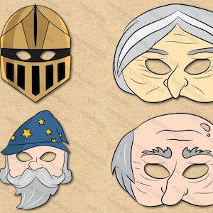 Fairy Tale 2 Masks Printable, Wizard, Knight, Old Woman, Old Man. Paper DIY Kids Adults PDF Template Instant Download. Halloween, Birthdays.