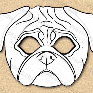 Máscara de Pug para colorir para impressão, papel DIY para crianças e adultos. Modelo PDF. Download instantâneo. Para aniversários, Halloween, festa, fantasias.