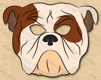 Masque de bouledogue pour chien, race imprimable, bricolage en papier pour enfants et adultes. Modèle PDF. Téléchargement instantané. Pour les anniversaires, Halloween, les fêtes, les déguisements.