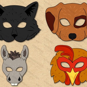 Animales de granja y corral, 3 máscaras imprimibles, gato, perro, burro, gallo (Сoock, Сhicken), plantilla de papel DIY para niños y adultos. Descargar. Víspera de Todos los Santos