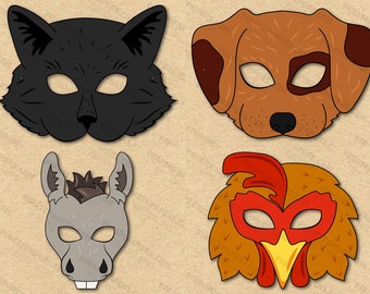 Farm and Barnyard Animals Masks Printable, Cat, Dog, Donkey