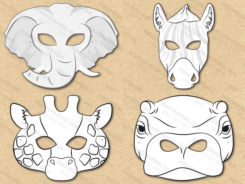African Animals Masks Printable Coloring, Elephant, Giraffe, Hippo