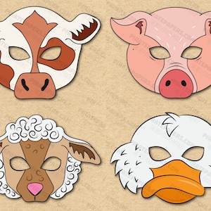 Farm And Barnyard Animals 4 Masks Printable, Sheep, Goose, Cow, Pig, Paper DIY Kids Adults Template. Instant Download. Halloween, Birthdays.