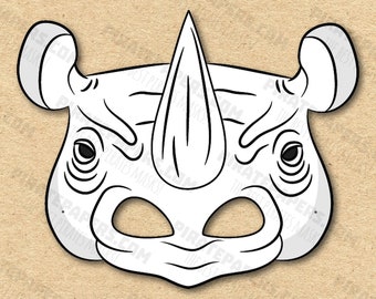 Rhino Mask Printable Coloring, Paper DIY For Kids And Adults. PDF Template. Instant Download. For Birthdays, Halloween, Party, Costumes.