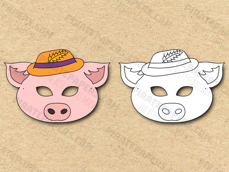 Pig #2 Color + Coloring Printable Mask (the Three Little Pigs), Paper DIY for Kids and Adults ...