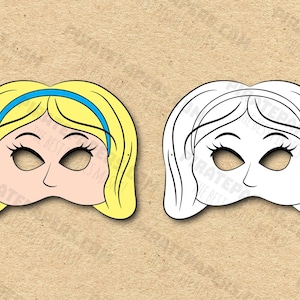 Alice Masks Printable Color + Coloring (Alice in Wonderland), Paper DIY For Kids And Adults. PDF Template. Instant Download. Halloween.