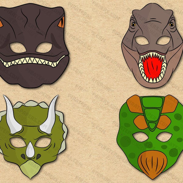 Mascarillas de Dinosaurios Imprimibles, Velociraptor, T-Rex, Triceratops, Stegosaurus. Descarga de plantilla PDF de papel DIY para niños y adultos. Halloween, Cumpleaños.