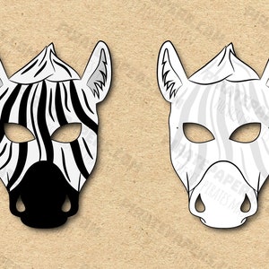 Zebra Masks Printable Color + Coloring, Paper DIY For Kids And Adults. PDF Template. Instant Download. For Birthdays, Halloween, Costumes.