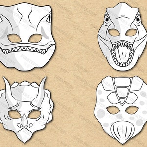 Dinosaurs Masks Printable Coloring, Velociraptor, T-Rex, Triceratops, Stegosaurus. Paper DIY Kids Adults PDF Template Download. Halloween
