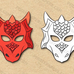 Red Dragon Masks Printable Color + Coloring, Paper DIY For Kids And Adults. PDF Template. Instant Download. Birthdays, Halloween, Costumes.