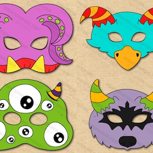 Monster Masks Printable, Paper DIY For Kids And Adults. PDF Template. Instant Download. Halloween, Birthdays, Costumes.