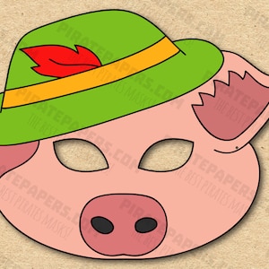 Maschera maiale n. 1 stampabile (i tre porcellini), carta fai da te per bambini e adulti. Modello PDF. Download istantaneo. Per compleanni, Halloween.