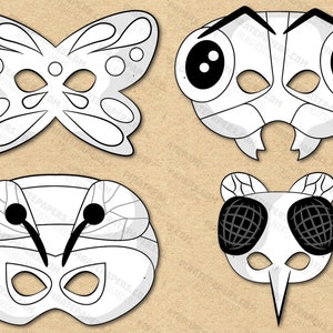 Bugs And Insects Masks Printable Coloring, Butterfly, Ant, Bee, Mosquito, Paper DIY Kids Adults. Template Download. Halloween, Birthdays.