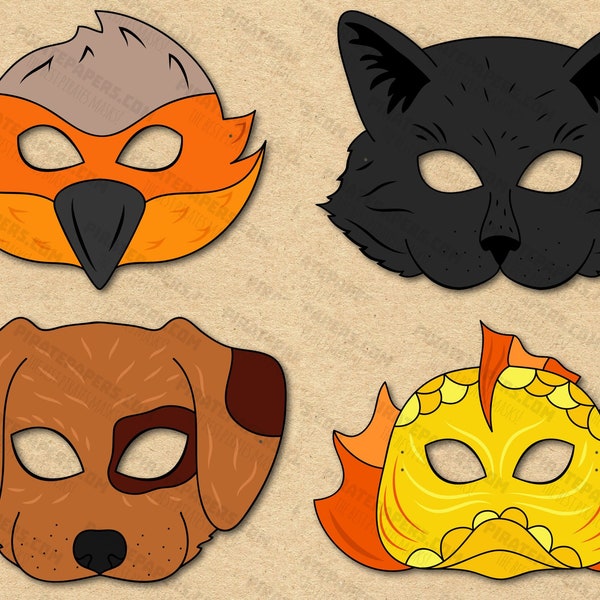 Pet Animals Masks Printable, Cat, Dog, Bird, Fish, Paper DIY For Kids And Adults. PDF Template. Instant Download. Halloween, Birthdays.