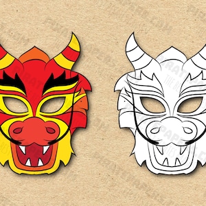 Chinese Dragon Masks Printable Color + Coloring, Paper DIY For Kids And Adults. PDF Template. Instant Download. For Birthdays, Halloween.