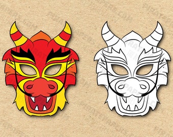 Chinese Dragon Masks Printable Color + Coloring, Paper DIY For Kids And Adults. PDF Template. Instant Download. For Birthdays, Halloween.