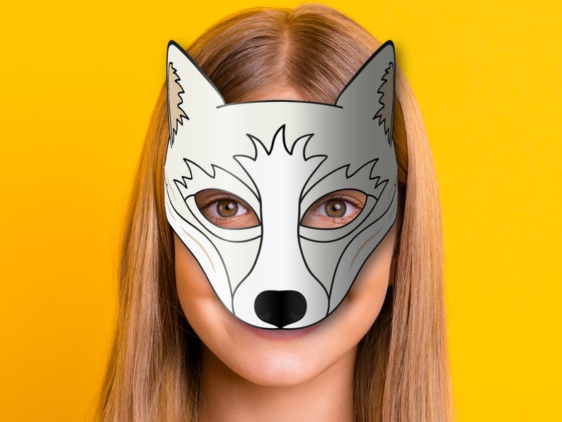 White Fox Mask Printable, Paper DIY for Kids and Adults. PDF Template