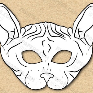 Cat Sphynx Mask Printable Coloring Breed, Paper DIY For Kids And Adults. PDF Template. Instant Download. For Birthdays, Halloween, Party.