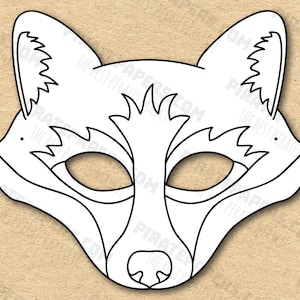Maschera di volpe da colorare stampabile, carta fai da te per bambini e adulti. Modello PDF. Download istantaneo. Per compleanni, Halloween, feste, costumi.