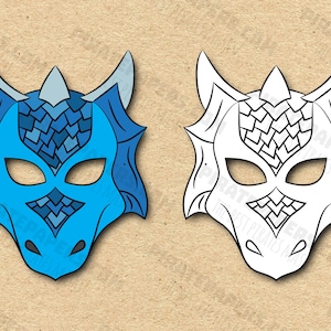 Blue Dragon Masks Printable Color + Coloring, Paper DIY For Kids And Adults. PDF Template. Instant Download. Birthdays, Halloween, Costumes.