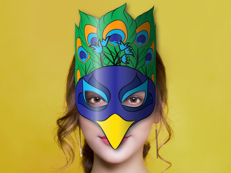 Peacock Mask Printable, Paper DIY for Kids and Adults. PDF Template