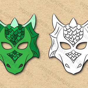Green Dragon Masks Printable Color + Coloring, Paper DIY For Kids And Adults. PDF Template. Instant Download. For Birthdays, Halloween.