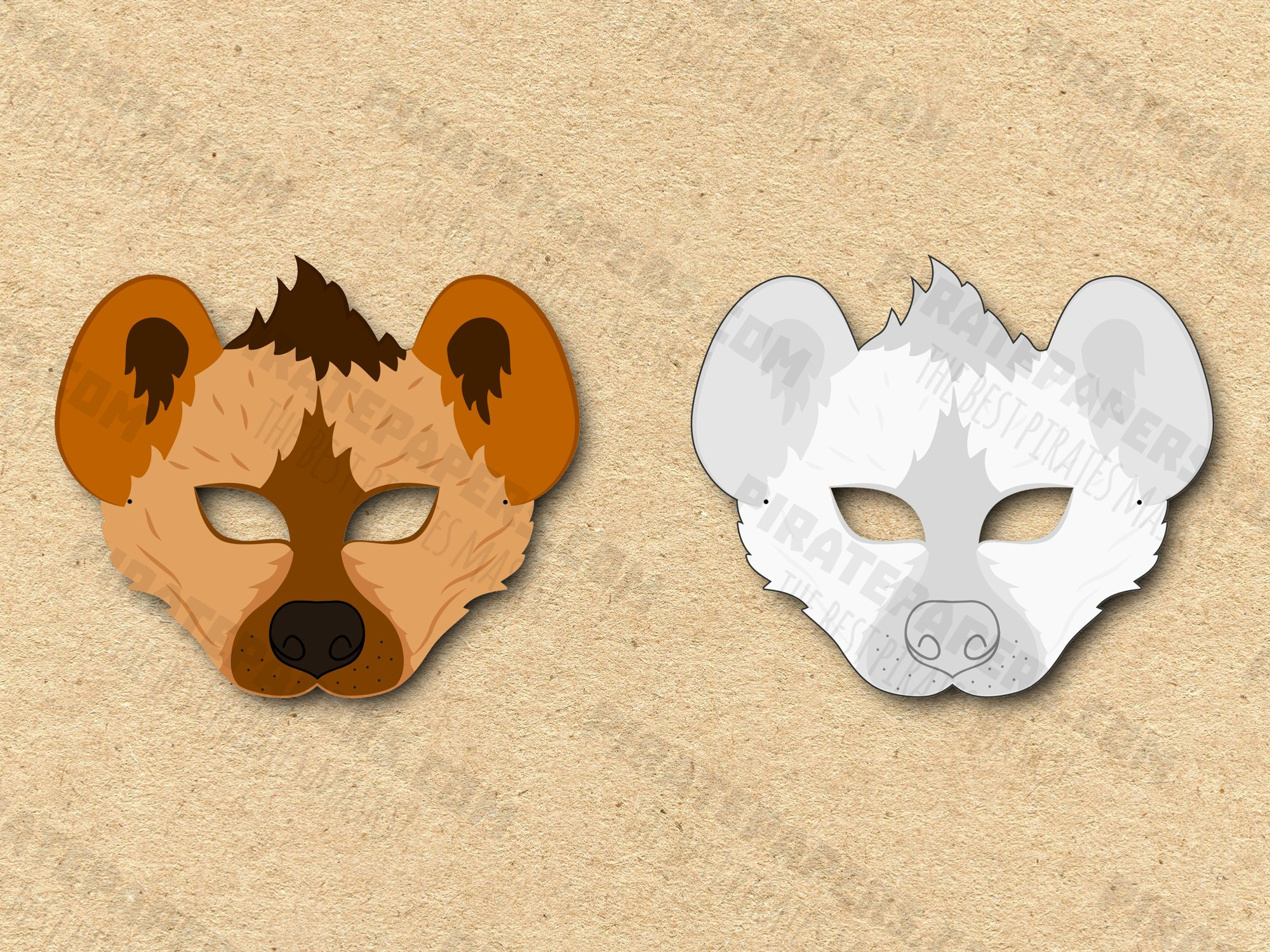 Hyena Masks Printable Color + Coloring, Paper DIY For Kids And Adults. PDF Template. Instant Download. For Birthdays, Halloween, Costumes.