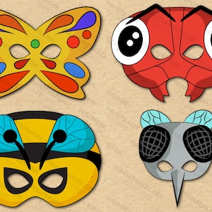 Bugs And Insects Masks Printable, Butterfly, Ant, Bee, Mosquito, Paper DIY Kids Adults. PDF Template. Instant Download. Halloween, Birthdays