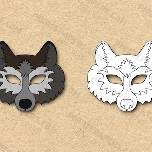 May include: Two wolf masks, one gray and one white, with black eyes and a black nose. The masks are cut out and ready to be used for crafts or costumes.