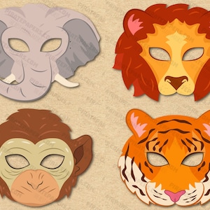 Masques d'animaux de la jungle imprimables, lion, singe, tigre, éléphant, papier à faire soi-même pour enfants et adultes. Modèle PDF. Téléchargement instantané. Halloween, anniversaires.