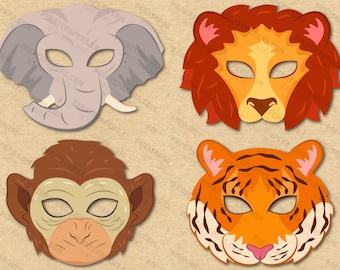 Jungle Animals Masken Printable, Löwe, Affe, Tiger, Elefant, Papier DIY Kinder Erwachsene. PDF Vorlage. Sofort Download. Halloween, Geburtstage.