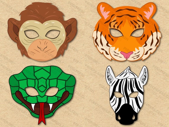 Zoo Animals 2 Masks Printable, Tiger, Monkey, Snake, Zebra. Paper