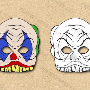 Scary Clown Masks Printable Color + Coloring, Paper DIY For Kids And Adults. PDF Template. Instant Download. Birthdays, Halloween, Costumes.