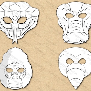 Rainforest animals Masks Printable Coloring, Snake, Crocodile, Gorilla, Toucan Paper DIY Kids Adults PDF Template Instant Download Halloween