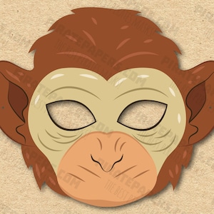 Maschera da scimmia stampabile, carta fai da te per bambini e adulti. Modello PDF. Download istantaneo. Per compleanni, Halloween, feste, costumi.