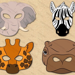 African Animals Masks Printable, Elephant, Giraffe, Hippo, Zebra. Paper DIY Kids Adults. PDF Template Instant Download. Halloween, Birthdays