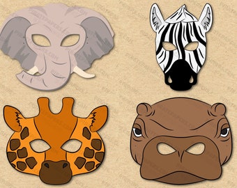 Afrikanische Tiere Masken Printable, Elefant, Giraffe, Nilpferd, Zebra. Papier DIY Kinder Erwachsene. PDF Vorlage Sofort Download. Halloween, Geburtstage