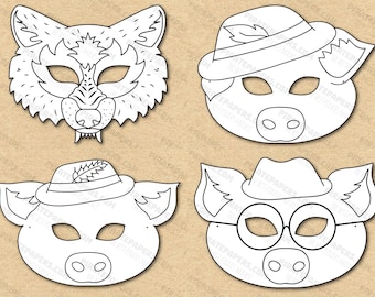 The Three Little Pigs Masks Printable Coloring, Big Bad Wolf, Paper DIY For Kids And Adults. PDF Template. Instant Download. Halloween.