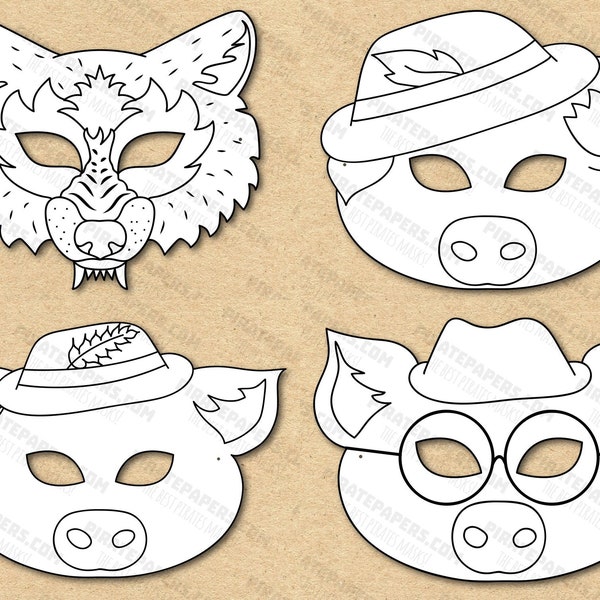 The Three Little Pigs Masks Printable Coloring, Big Bad Wolf, Paper DIY For Kids And Adults. PDF Template. Instant Download. Halloween.