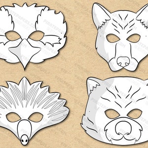 Australian animals 2 Masks Printable Coloring, Kookaburra, Dingo, Echidna, Wombat. Paper DIY Kids Adults PDF Template Download. Halloween.