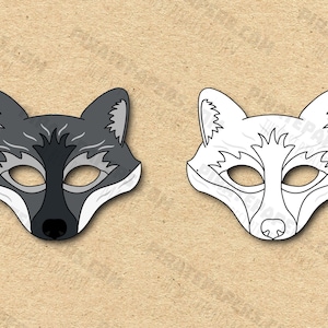 Gray Fox Masks Printable Color + Coloring, Paper DIY For Kids And Adults. PDF Template. Instant Download. Birthdays, Halloween, Costumes.